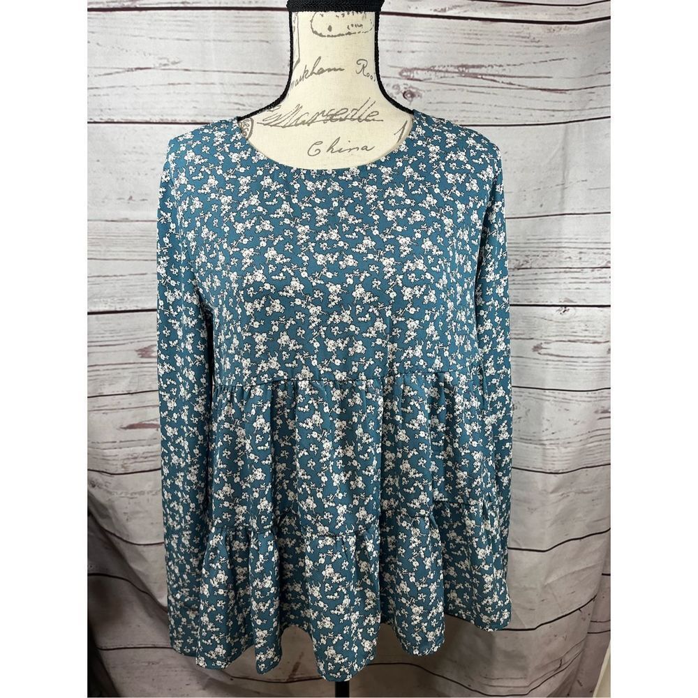 Maurices Teal Floral Tiered Babydoll Long Sleeve Tunic Top Women's Size‎ Medium